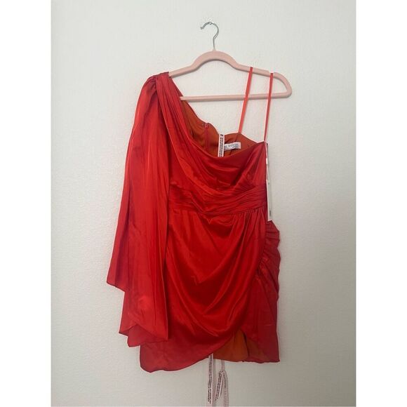 Mac Duggal Satin One Shoulder Long Sleeve Draped Back Tulip Hem Mini Dress NEW N - Picture 4 of 8